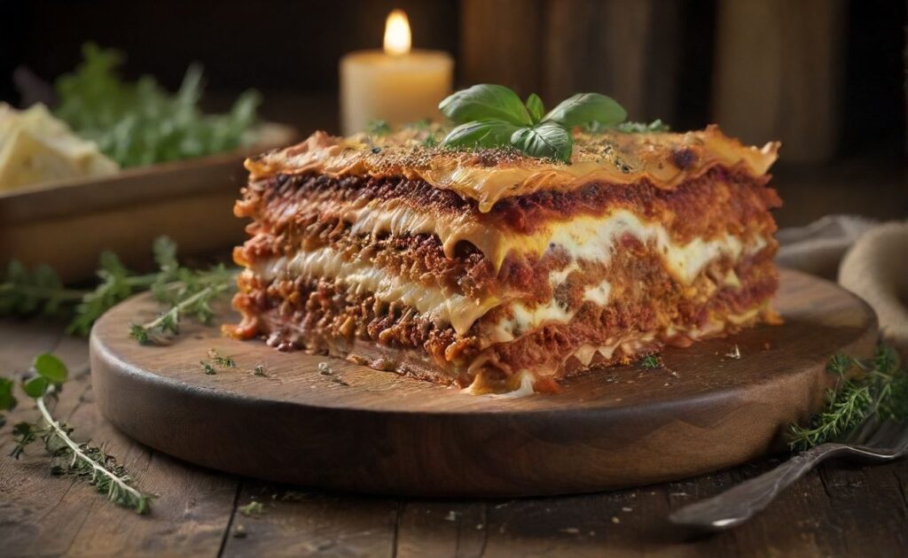 A lasanha mais fácil do mundo (sem forno!) com camadas cremosas e queijo gratinado, apresentada em um prato rústico.