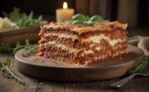 A lasanha mais fácil do mundo (sem forno!) com camadas cremosas e queijo gratinado, apresentada em um prato rústico.