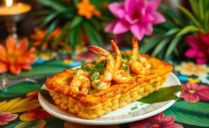 Acarajé Assado dourado e recheado com camarão, decorado com ervas frescas em um prato colorido.