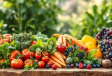 Prato saudável com frutas frescas e vegetais