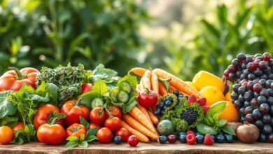 Prato saudável com frutas frescas e vegetais