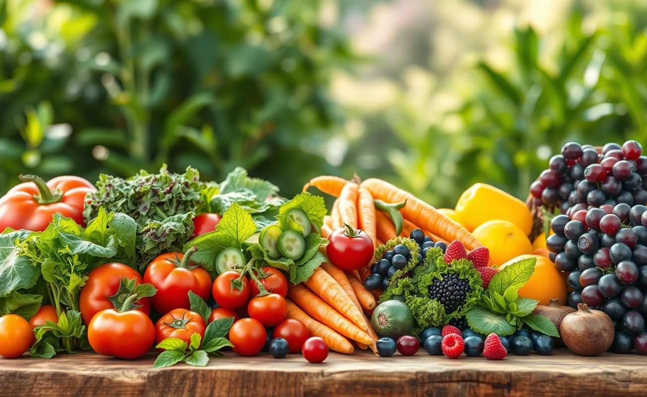 Prato saudável com frutas frescas e vegetais