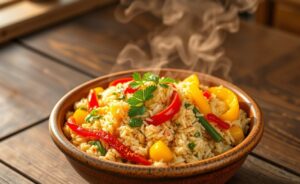 Delicious Arroz Carreteiro de Frango served in a rustic bowl, featuring vibrant colors and textures.