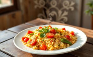 Arroz Carreteiro: Receita Gaúcha servido em um prato rústico com cores vibrantes e textura convidativa.