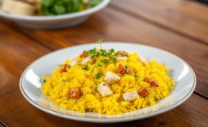 Arroz com Pequi servido em um prato rústico, destacando as cores vibrantes do arroz amarelo e as texturas dos pedaços de pequi.