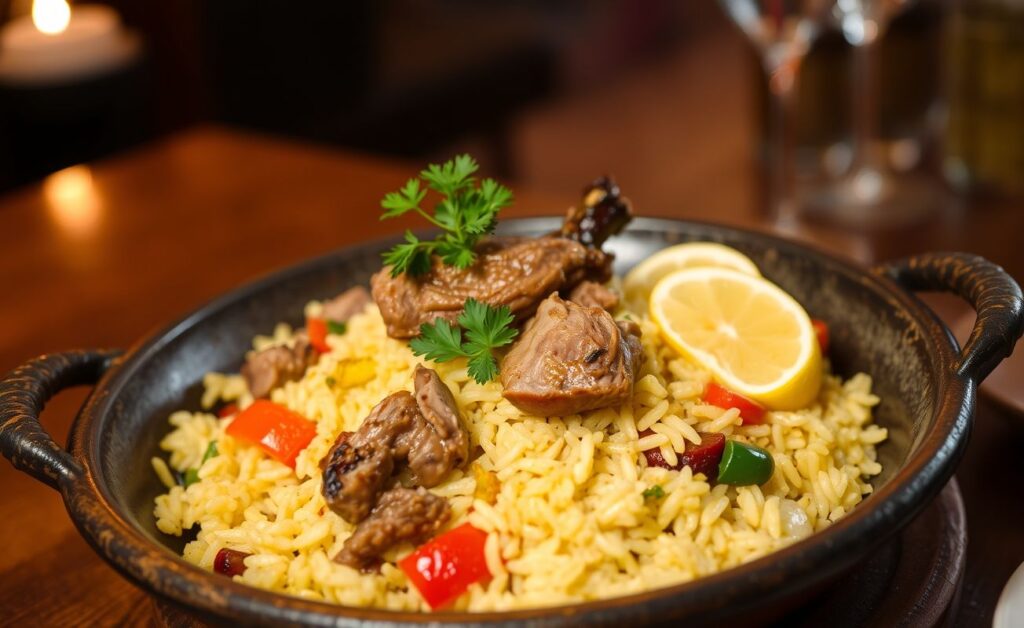 Delicious Arroz de Pato with golden rice and tender duck pieces, garnished with parsley.