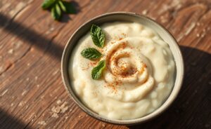 Arroz doce cremoso com leite condensado servido em uma tigela branca, polvilhado com canela e decorado com folhas de hortelã.