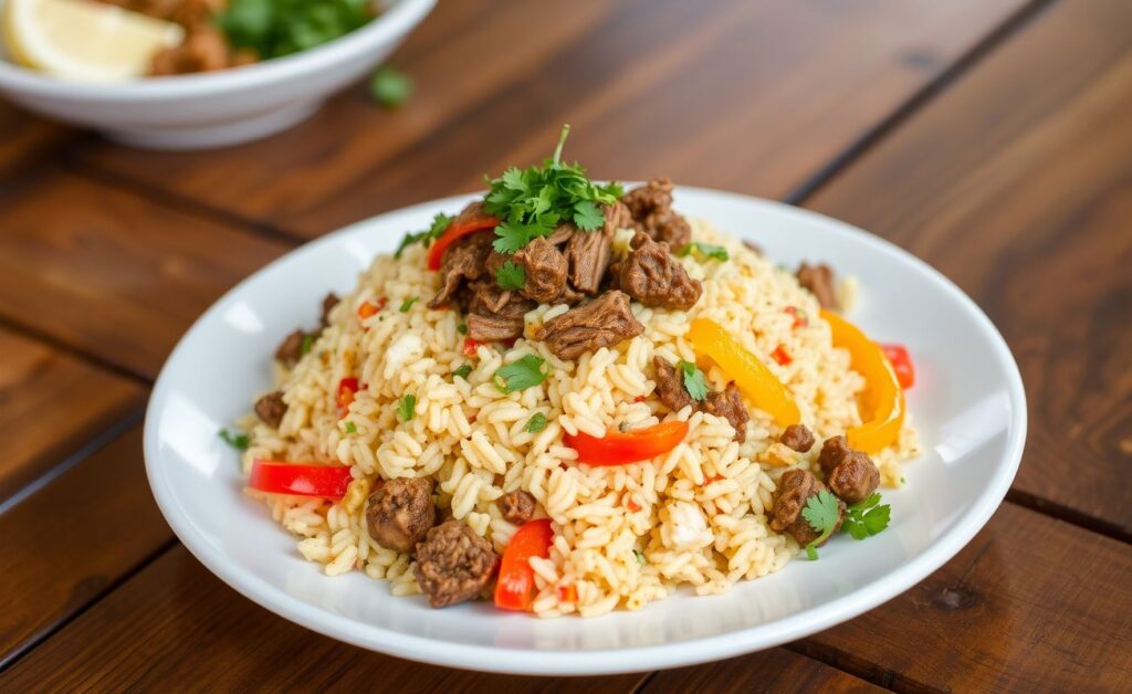 Arroz Maria Isabel com carne seca e pimentões coloridos, apresentado de forma apetitosa.