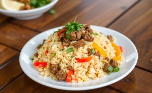 Arroz Maria Isabel com carne seca e pimentões coloridos, apresentado de forma apetitosa.