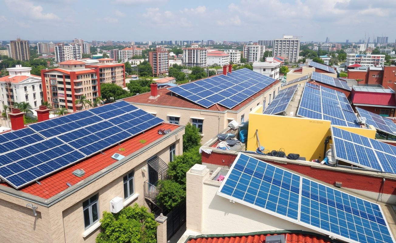 Painéis solares instalados em telhados urbanos.