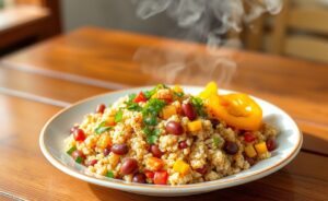 Delicioso prato de Baião de Dois com Quinoa apresentando cores vibrantes e uma textura acolhedora.