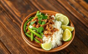Uma porção saborosa de Baião de Dois Nordestino com arroz, feijão verde e carne desfiada em um prato rústico.