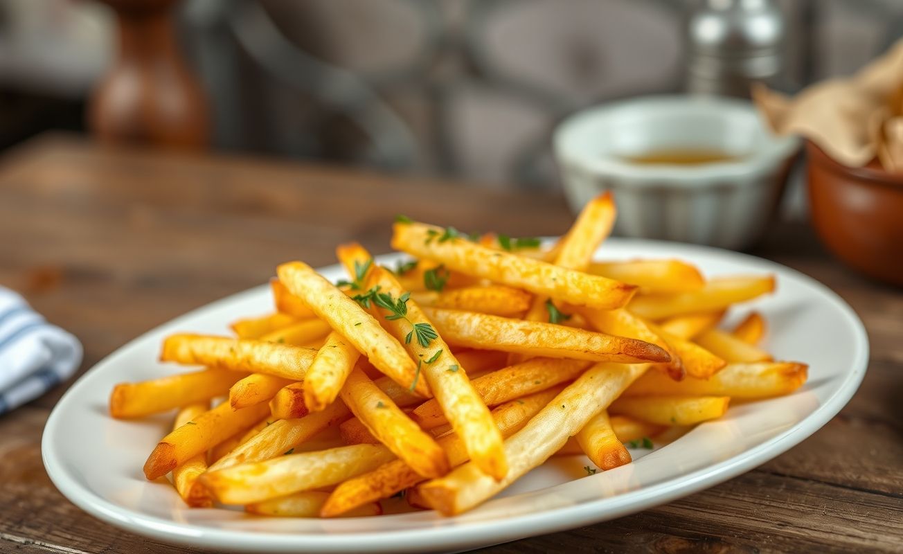 Deliciosas Batata Frita Caseira Sequinhas, crocantes e douradas, apresentadas em um prato rústico.