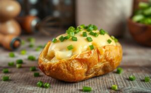 Batata recheada de micro-ondas pronta em 5 min com recheio cremoso, coberta com cebolinhas verdes.