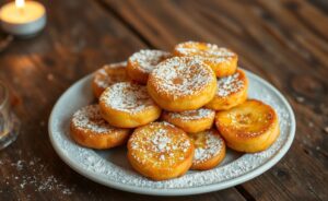 Bolinho de chuva igual da vovó (sem erros!) com textura dourada e polvilhado de açúcar, em uma apresentação apetitosa.