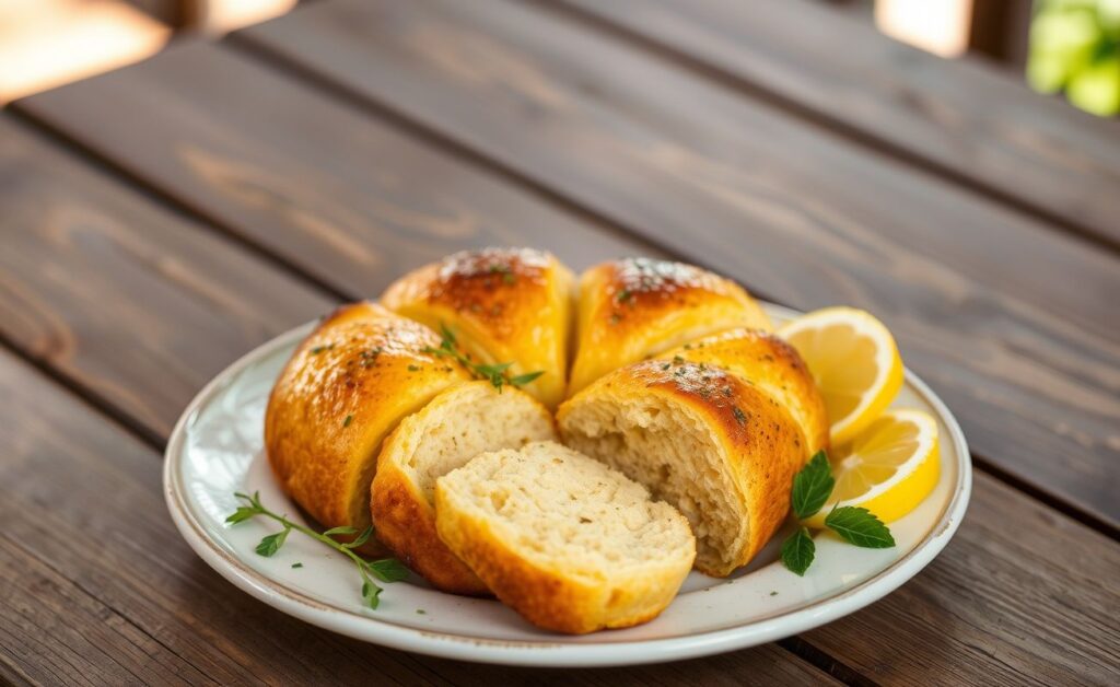 Bolinho de Piracuí crocante e dourado servido em um prato rústico com ervas frescas e limão.