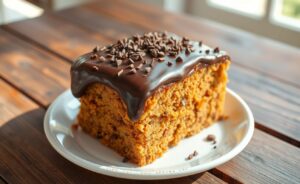 Bolo de cenoura com cobertura de chocolate perfeita, apresentando camada cremosa de chocolate e textura macia.
