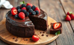 Delicious flourless chocolate cake served with fresh berries, showcasing rich texture and deep color.