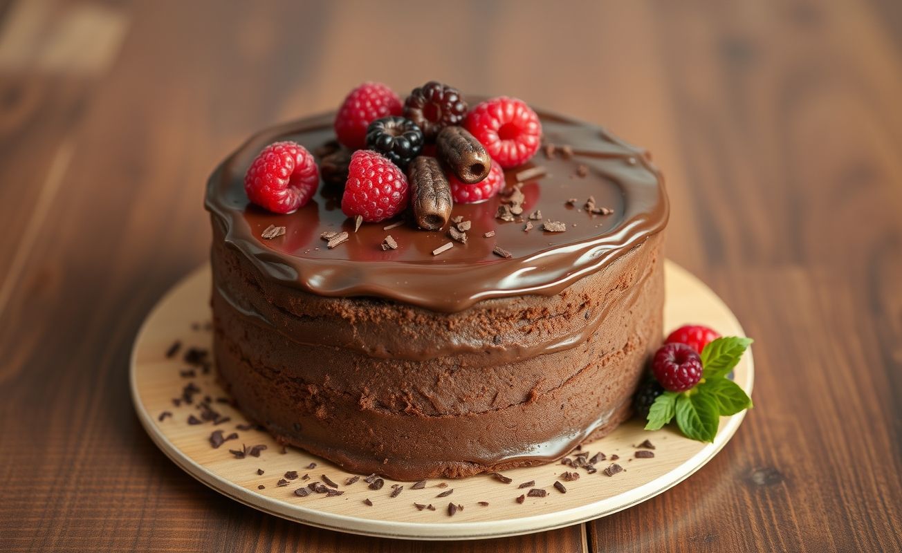 Bolo de Chocolate Simples e Fofinho com cobertura brilhante e decoração com frutas vermelhas.