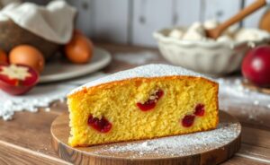 Uma fatia deliciosa de Bolo de Fubá com Goiabada, mostrando a textura macia e pedaços de goiabada vermelha.