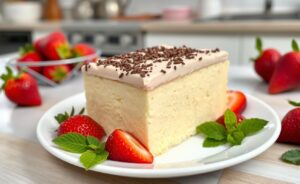 Receita de bolo de leite ninho gelado com textura cremosa e cobertura de chocolate granulado, apresentado com morangos.