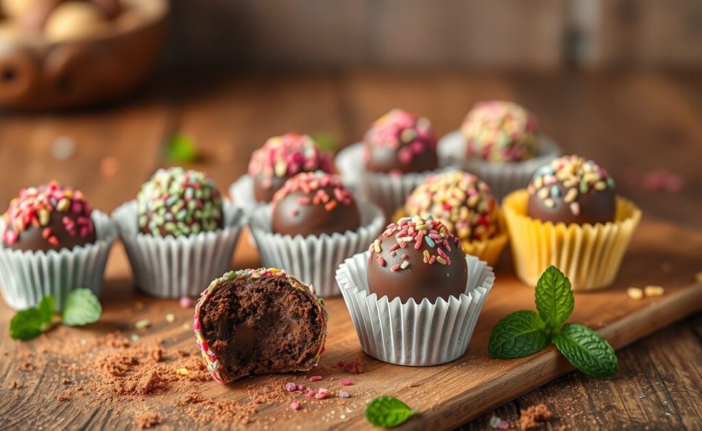 Brigadeiro Fit decorado com granulado colorido, apresentado em forminhas delicadas, transmitindo uma aparência apetitosa.