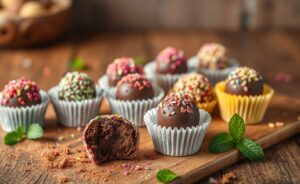 Brigadeiro Fit decorado com granulado colorido, apresentado em forminhas delicadas, transmitindo uma aparência apetitosa.