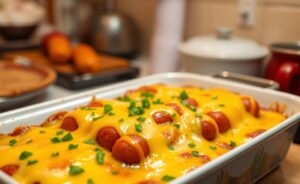 Delicious golden baked hot dog casserole with melted cheese and herbs, showcasing the Receita de cachorro-quente de forno que bomba na internet.