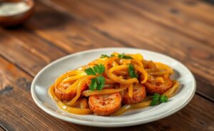 Prato delicioso de Receita de calabresa acebolada caramelizada com cebolas caramelizadas em cima, decorado com salsa fresca.