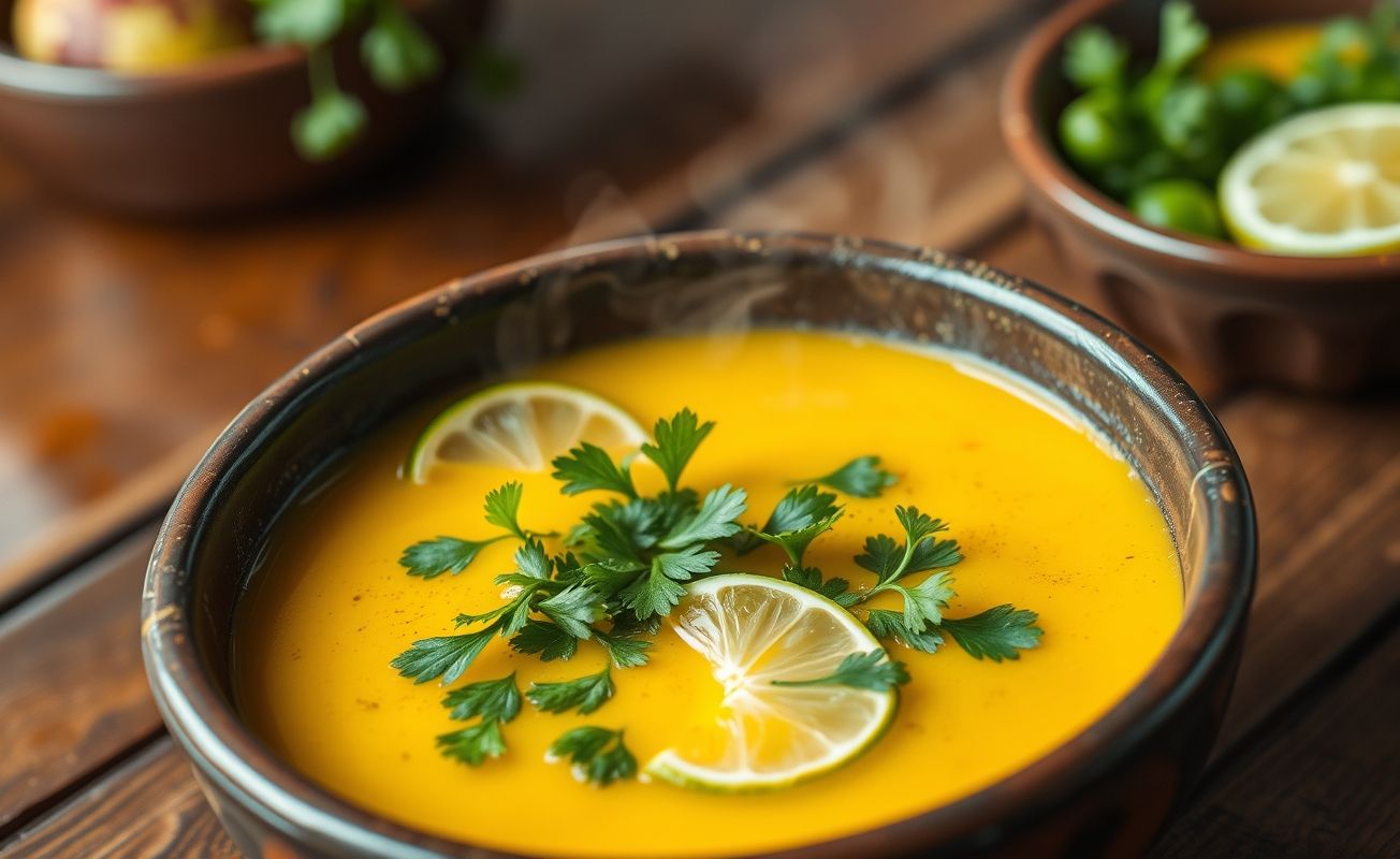 Caldo de Kenga Para Dias Frios em tigela cerâmica, com cores vibrantes e guarnições frescas.