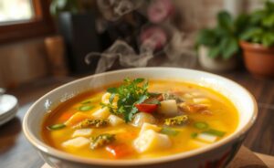 Caldo de Mocotó Proteico servido em um bowl rústico, com ervas frescas e vapor, mostrando sua textura rica.