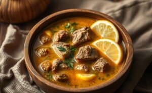 Delicious Caldo de Mocotó Revigorante with rich texture, topped with herbs and accompanied by lemon slices.