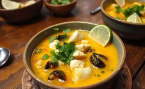 Caldo de Sururu em uma tigela rústica, mostrando a textura cremosa e ingredientes frescos como sururus e coentro.