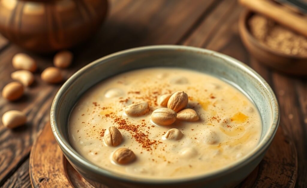 Delicious bowl of Canjica Cremosa with Amendoim, showcasing creamy texture and topped with peanuts.
