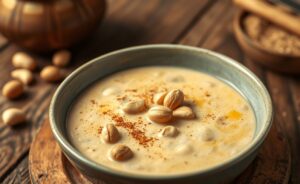 Delicious bowl of Canjica Cremosa with Amendoim, showcasing creamy texture and topped with peanuts.