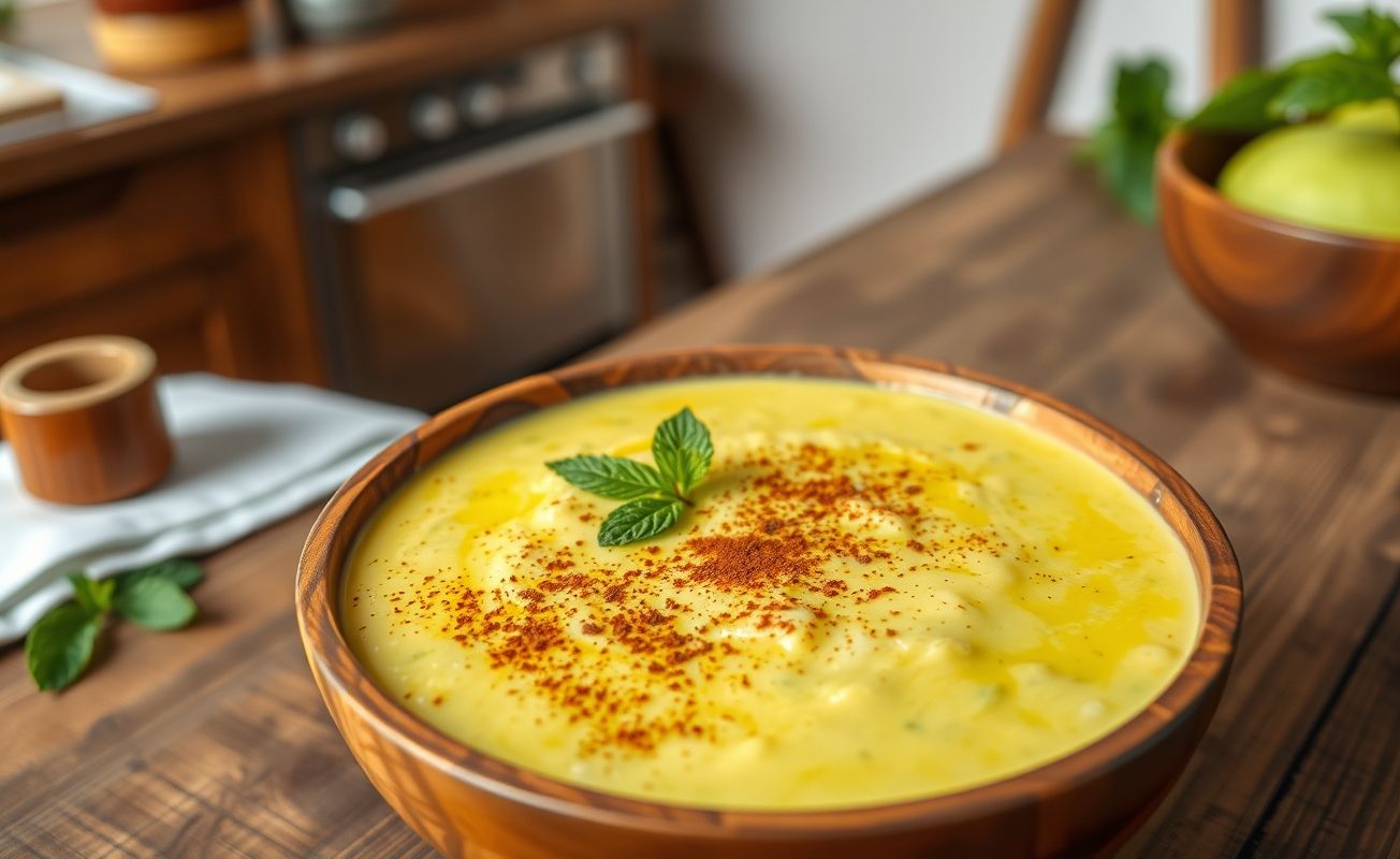 Canjica de Milho Verde cremosa servida em um bowl rústico, decorada com canela e folhas de hortelã.