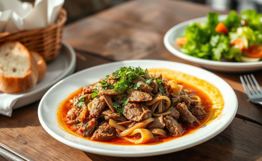 Carne Louca suculenta servida com ervas frescas, mostrando sua textura desfiada e cores vibrantes.
