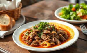 Carne Louca suculenta servida com ervas frescas, mostrando sua textura desfiada e cores vibrantes.