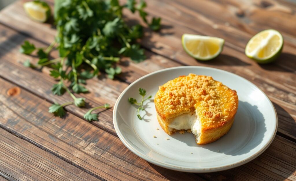 Uma casquinha de siri dourada e crocante, recheada com carne de siri cremosa, decorada com ervas frescas.