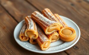 Churros caseiro com recheio de doce de leite crocantes e dourados, cortados para mostrar o recheio cremoso.