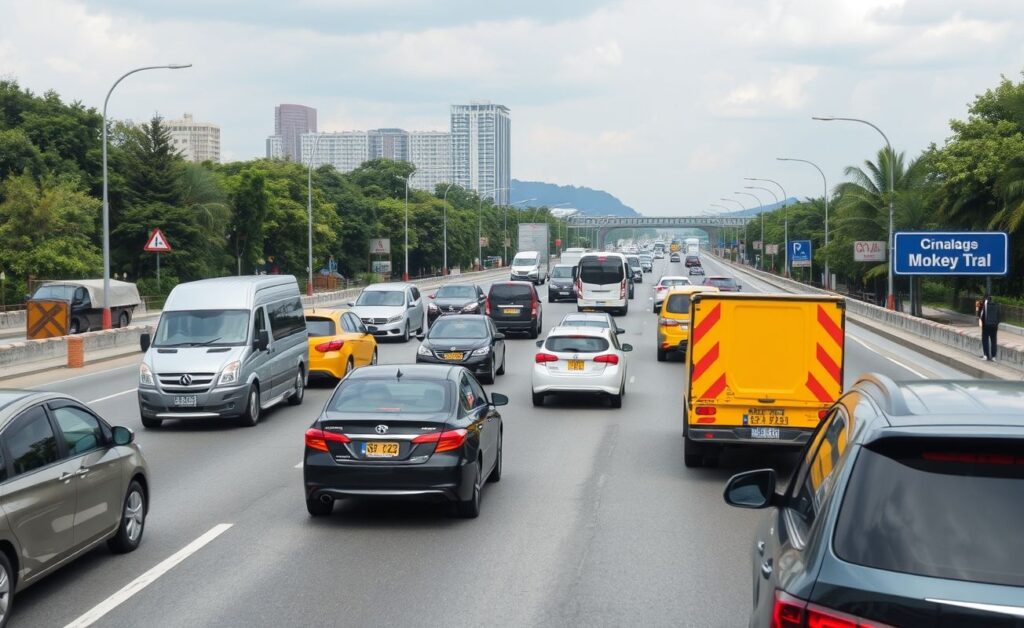 Trânsito urbano movimentado com diversos veículos.
