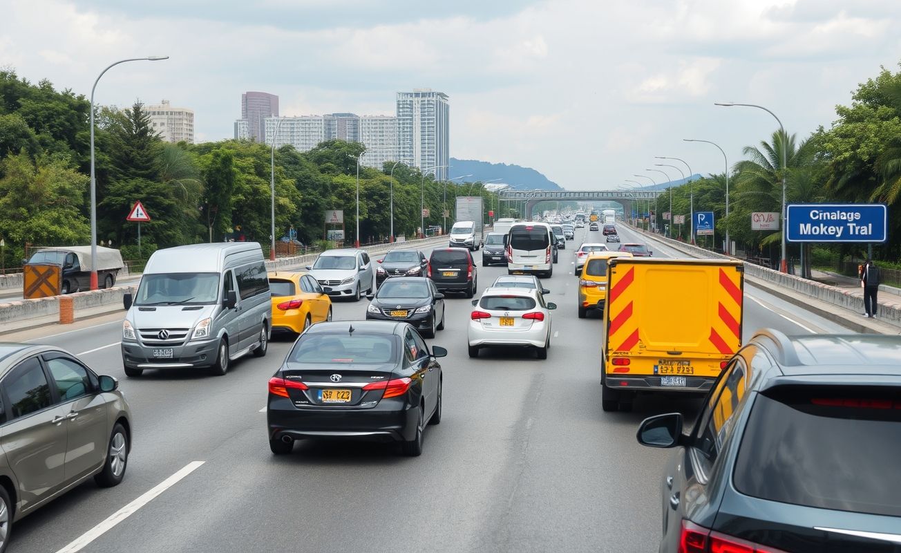 Trânsito urbano movimentado com diversos veículos.