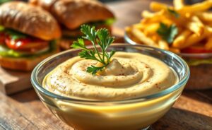 Como fazer maionese temperada de lanchonete em uma tigela clara com salsinha, acompanhada de sanduíches e batatas fritas crocantes.