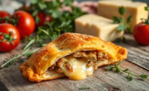 Delicious golden-brown pastel made with three ingredients, showcasing its crispy texture and savory filling. Como fazer massa de pastel com 3 ingredientes.