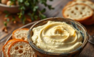 Uma apresentação apetitosa de como fazer requeijão caseiro cremoso, com textura suave e densa, servido ao lado de fatias de pão crocante.