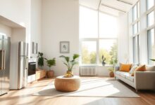 Ambiente interno com iluminação natural e eletrodomésticos eficientes.