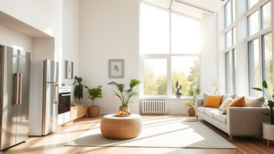 Ambiente interno com iluminação natural e eletrodomésticos eficientes.