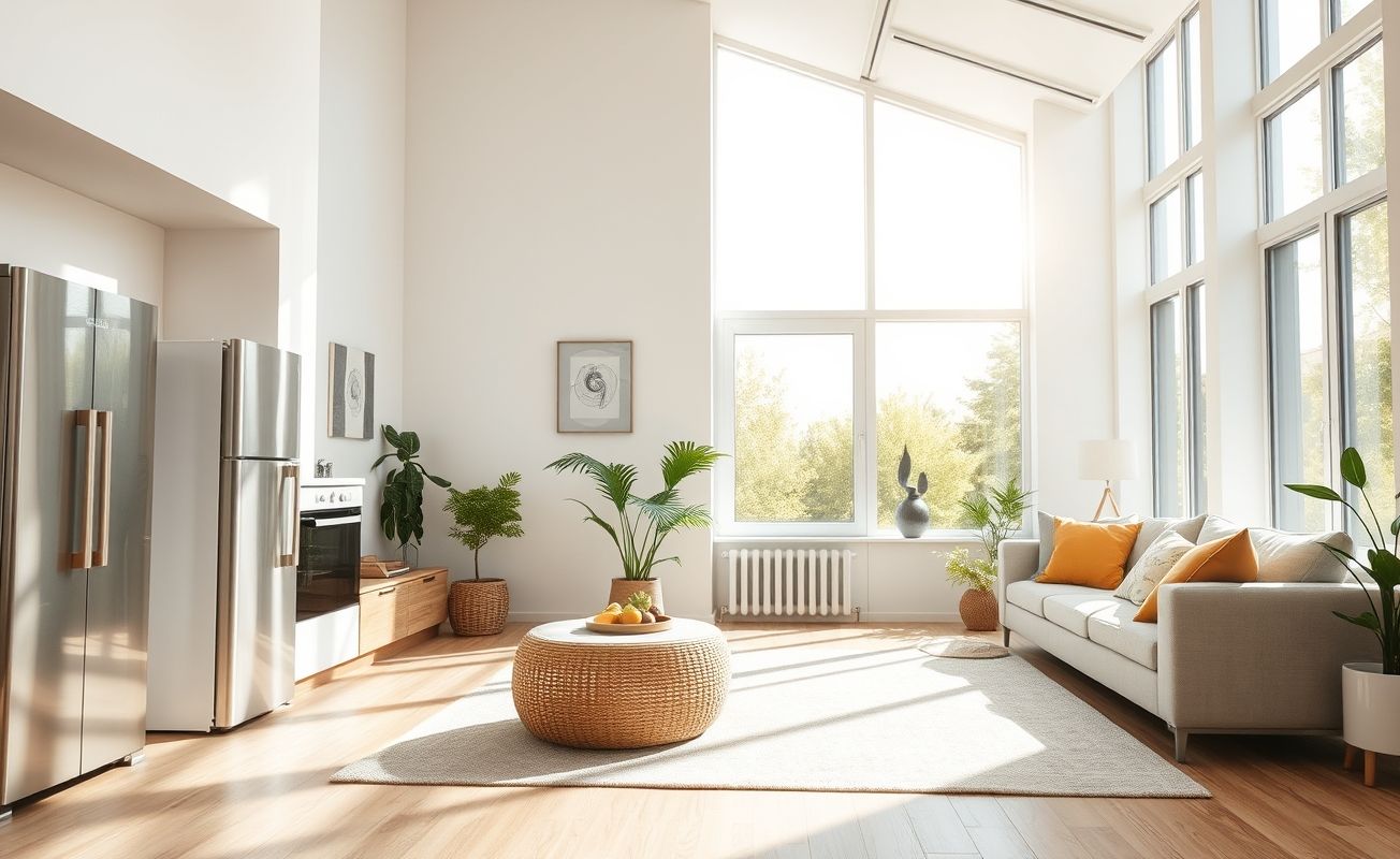Ambiente interno com iluminação natural e eletrodomésticos eficientes.