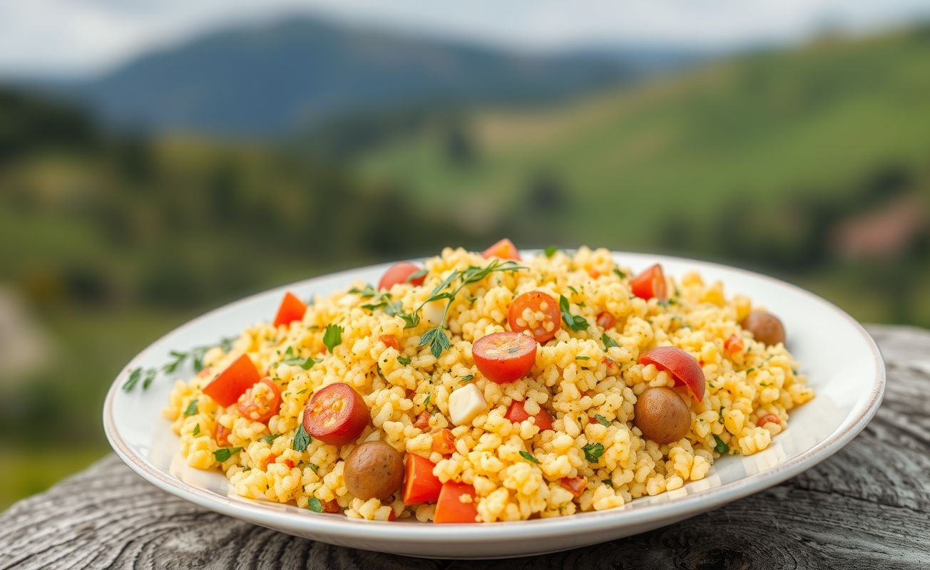 Cuscuz com vegetais frescos e ervas.