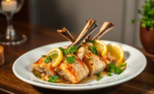 Prato finalizado de Costela de Tambaqui com ervas frescas e rodelas de limão, mostrando a suculência do peixe.